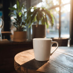 Blank coffee cup mockup on modern cafe table, warm natural light, minimal decor, lifestyle product photography, no branding, high realism