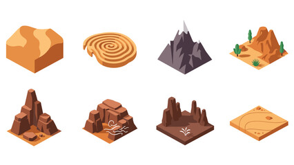 Isometric terrain set: mountains, desert, and canyon landscapes in 3d design