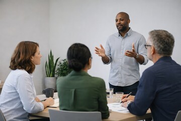 Fictional employees attending a professional corporate training session with an instructor gesturing confidently, clean modern room, neutral expressions, realistic lighting