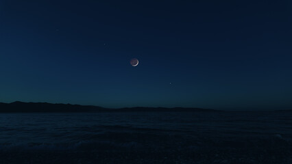 Young crescent Moon with stars and planets over ocean sea waters. © astrosystem