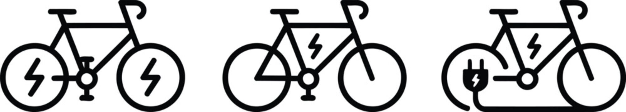 A series of electric bicycle icons illustrating power and charging options for modern urban mobility