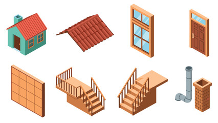 Isometric building elements: roofs, doors, stairs, chimney, windows for architectural design