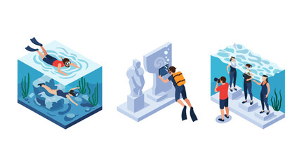 Isometric scenes of scuba diving activities and underwater explorations