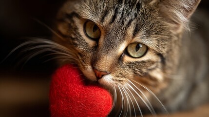 A close-up of a tabby cat holding a red heart in its mouth with a cute expression