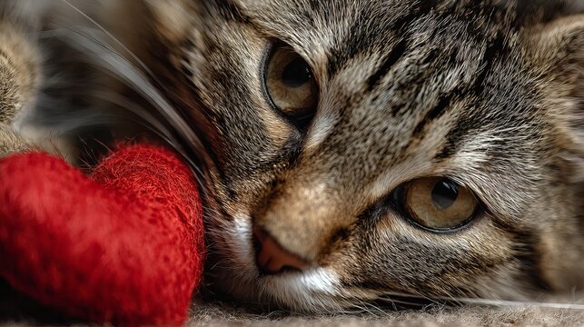 A close-up of a tabby cat lying down with a red heart shaped toy - Powered by Adobe