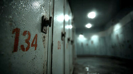 Evidence locker doors showing numbered storage symbolizing chain custody management justice system lighting