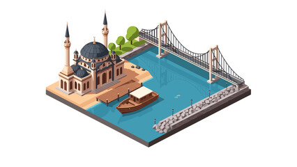 Naklejka premium Isometric cityscape with mosque and bridge scene by the water