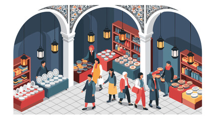 Isometric marketplace scene with diverse shoppers and artisanal goods