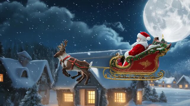 Santa Claus Sleigh Flying Over Snowy Village at Night with a Full Moon