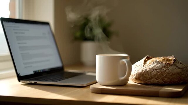 Morning Moment with Coffee and Bread: A cozy morning scene unfolds, featuring a steaming cup of coffee alongside freshly baked bread and a laptop, evoking a sense of warmth and productivity.