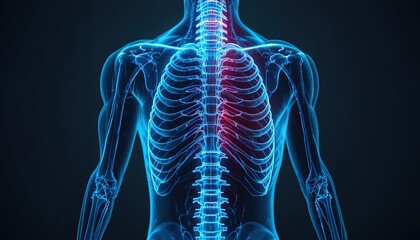 Human Anatomy X-Ray Style Illustration with Blue and Red Highlights on the Spine and Rib Cage for Medical Purposes