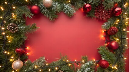 Festive Christmas Frame Ornaments and Lights on a Red Background Creates a Holiday Atmosphere.