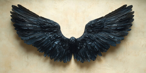 Black angel wings with feathers spread open. Centered on light brown background.