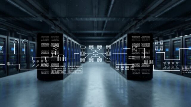Futuristic Data Center, Modern Server Room With Holographic Displays Showing Network Structures