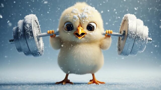 Cute chick lifting weights in snow, fitness, winter workout, adorable animal