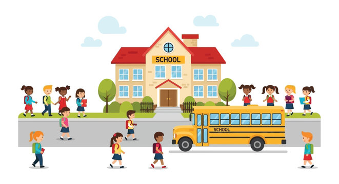 Kids going to school with a yellow bus and red brick building