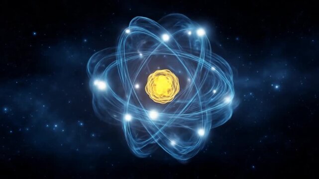 Abstract illustration of a glowing atom against a dark background