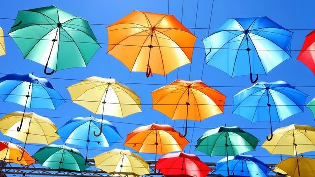 Footage A bunch of colorful umbrellas hanging from a wire, great for decoration or props