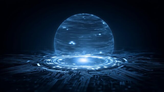 Abstract digital sphere with data streams on circuit board background