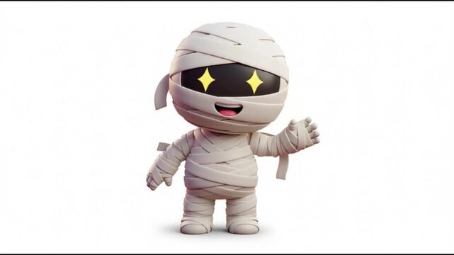 A cartoon mummy character stands isolated on a white background with a cheerful expression and outstretched arms