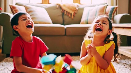 Happy children playing together with colorful blocks on a carpeted floor in a cozy living room with a comfortable beige sofa in the background.