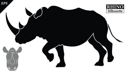Black silhouette of rhinoceros isolated on white background, Beautiful rhinoceros logo icon vector design, standing, rhino silhouette vector illustration, vector. Black rhino Silhouette logo design  © Usman Tahir Isolated
