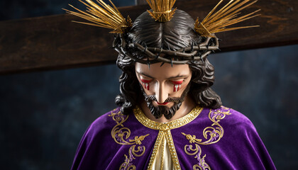 Escultura religiosa de Semana Santa con Jesucristo en actitud de recogimiento. Imagen solemne con iluminación dramática y detalles dorados, ideal para uso editorial y contenido religioso.