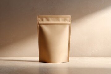Blank Packaging Standing, Matte Kraft Paper Pouch on Warm Minimal Background, Premium Product Mockup Concept