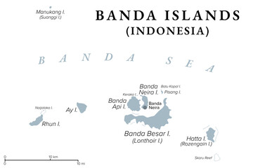 Banda Islands, part of Maluku Islands, Indonesia, gray political map. Group of volcanic islands in the Banda Sea. Until mid-19th century the only source of spices nutmeg and mace in the world. Vector