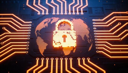 Glowing Digital Earth Globe with Padlock on Orange Circuit Board. Global Cyber Security, Worldwide Network Data Protection and Internet Privacy Technology Concept 3D Illustration.