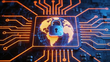 Glowing Digital Earth Globe with Padlock on Orange Circuit Board. Global Cyber Security, Worldwide Network Data Protection and Internet Privacy Technology Concept 3D Illustration.