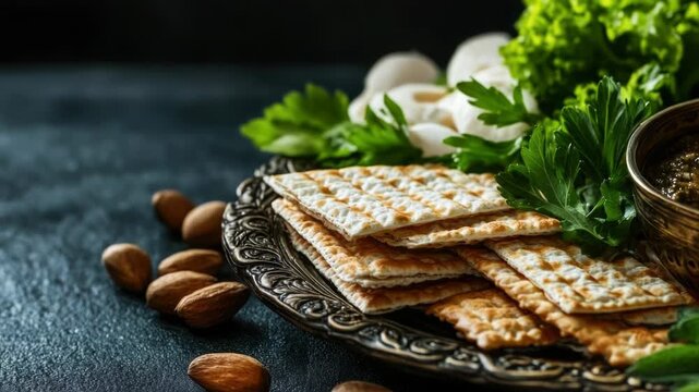 Footage A plate filled with crackers and nuts, perfect for a quick snack or party appetizer