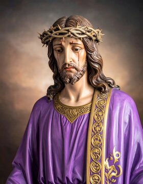 Escultura religiosa de Semana Santa con Jesucristo en actitud de recogimiento. Imagen solemne con iluminaci&oacute;n dram&aacute;tica y detalles dorados, ideal para uso editorial y contenido religioso.