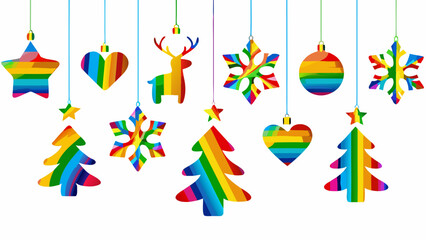 Colorful hanging ornaments depict stars hearts trees and reindeer shapes