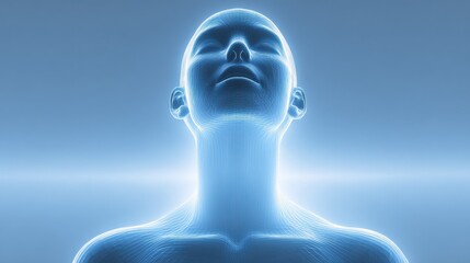 Fototapeta premium A serene depiction of a person with eyes closed and a peaceful expression, bathed in a soft blue light. This visual represents a state of calm and tranquility