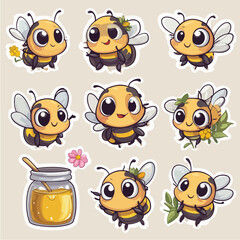 Obraz premium Cute Bees with Flowers and Honey Jar Stickers