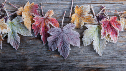 Frozen autumn leaves on rustic wooden background with copy space