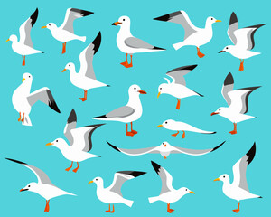 Obraz premium Stylized seagulls in flight against a bright turquoise background pattern