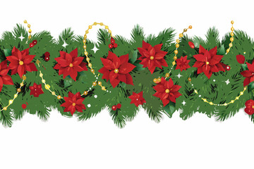 Festive christmas garland with poinsettias pine needles and golden bead accents