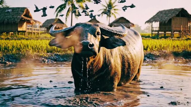 Water buffalo standing in muddy water in rural village with thatched huts and palm trees in the background during sunrise or sunset calmly