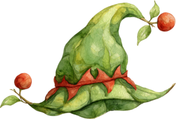 Whimsical Elven Leaf Hat with Red Berries in Watercolor Style Illustration