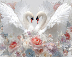 Elegant Romantic Swans with Floral Arrangement on Light Background