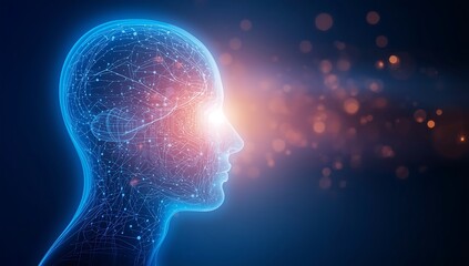 Obraz premium Abstract digital visualization of a human head profile with a glowing brain and interconnected network of lights