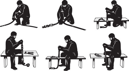 Man in various poses working on hockey stick repair