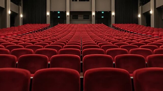 Empty Red Velvet Seats in Grand Theater Auditorium, Wide Angle