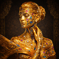 Obraz premium A breathtakingly ornate golden figure of a woman, intricately detailed with shimmering jewels and filigree, embodying timeless beauty and lavish artistry