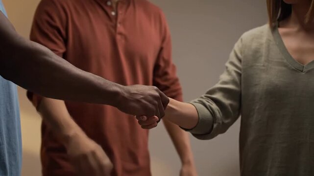 Diverse Group Shakes Hands Stacks Hands Promoting Unity and Inclusion