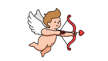 Obraz premium A cartoon cupid with wings flying while shooting a heart-shaped arrow from a bow, depicted in a simple illustration style.