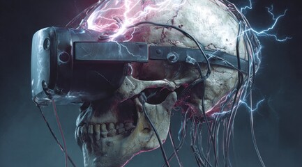 Skull wearing vr headset with electrical energy illustration against dark background