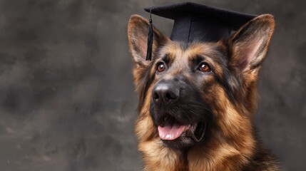 portrait of a happy german shepherd dog wearing a graduation hat on a background, with space for copy